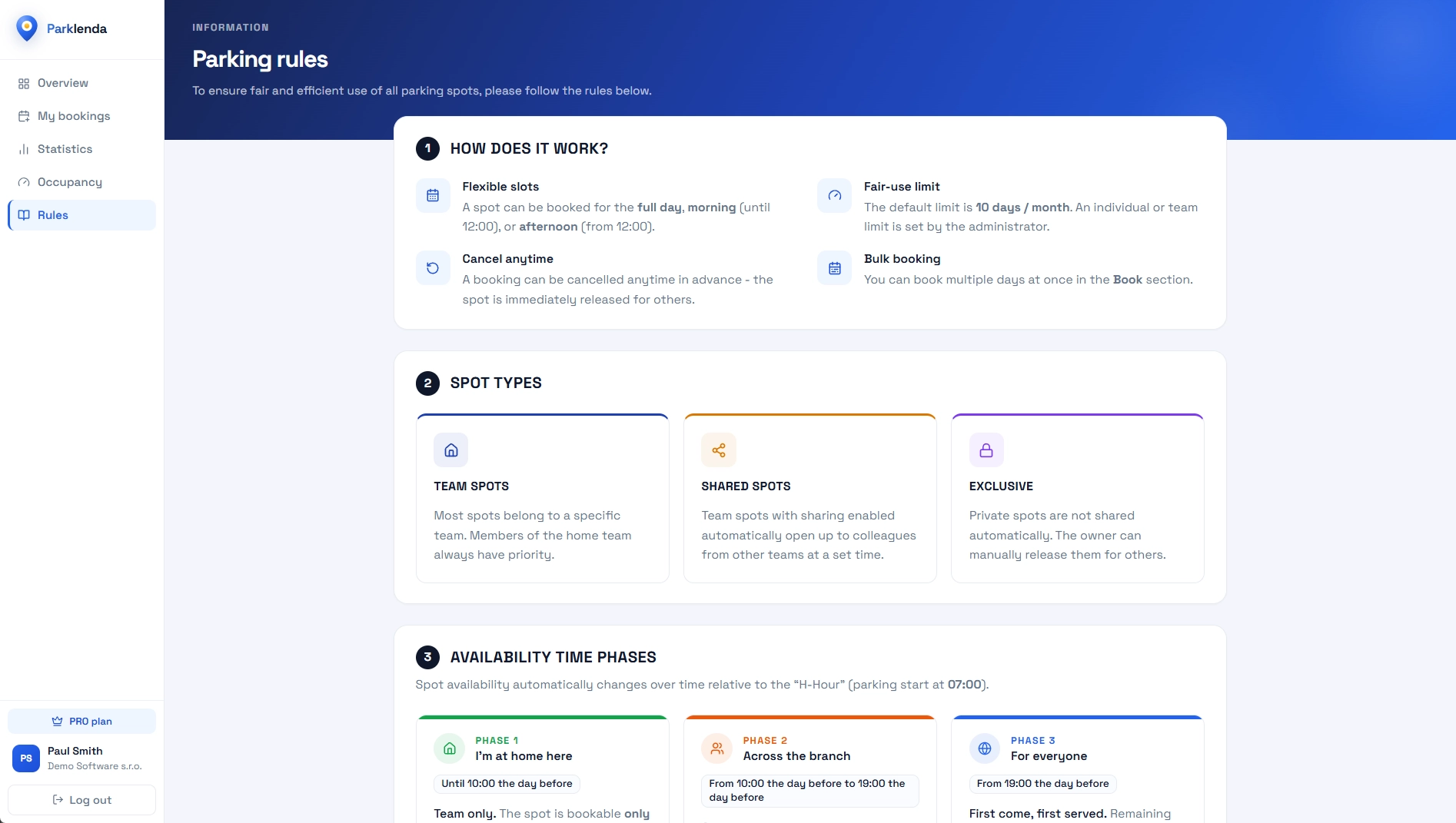 Parking rules page with availability phases